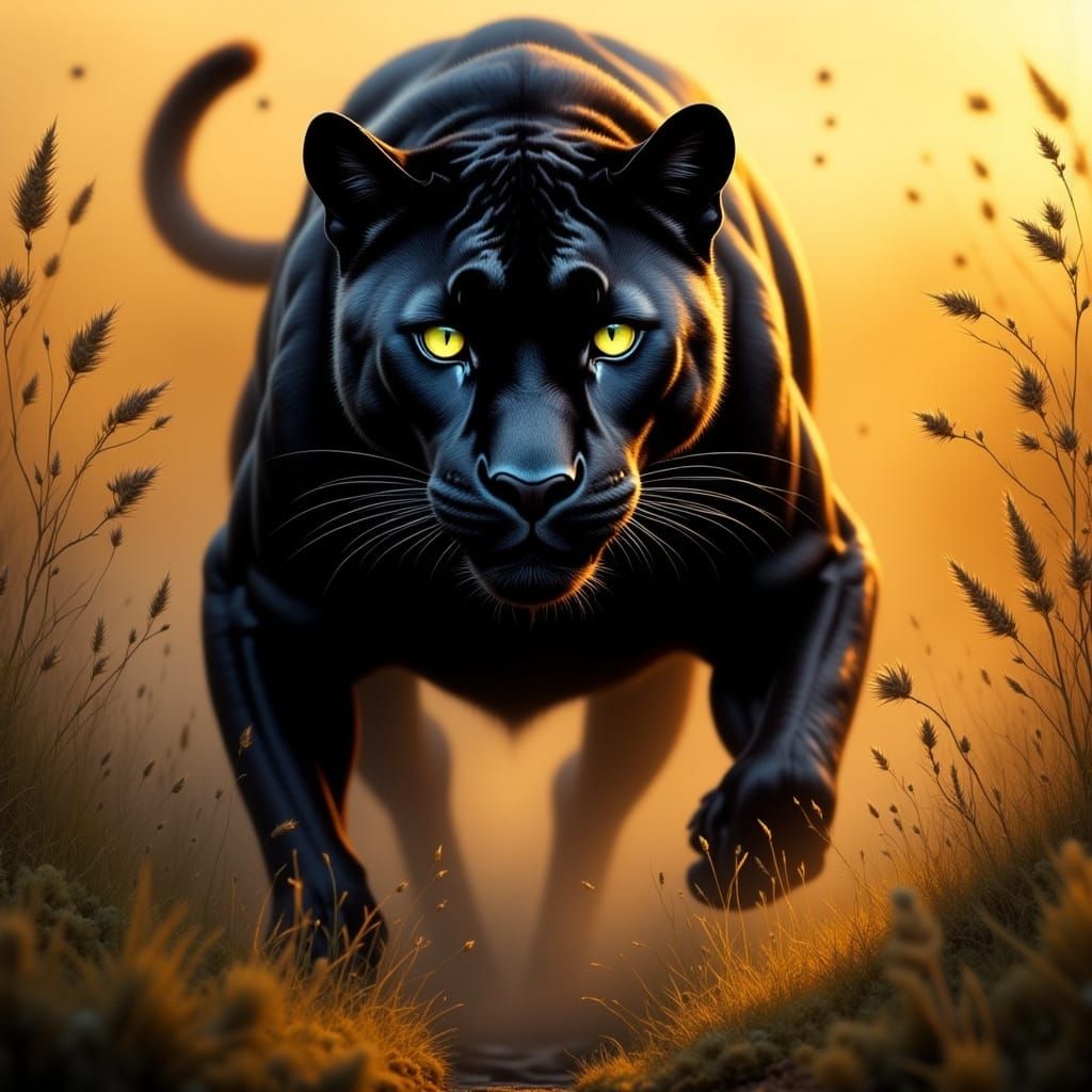 Black Panther Prowling African Savanna at Dusk