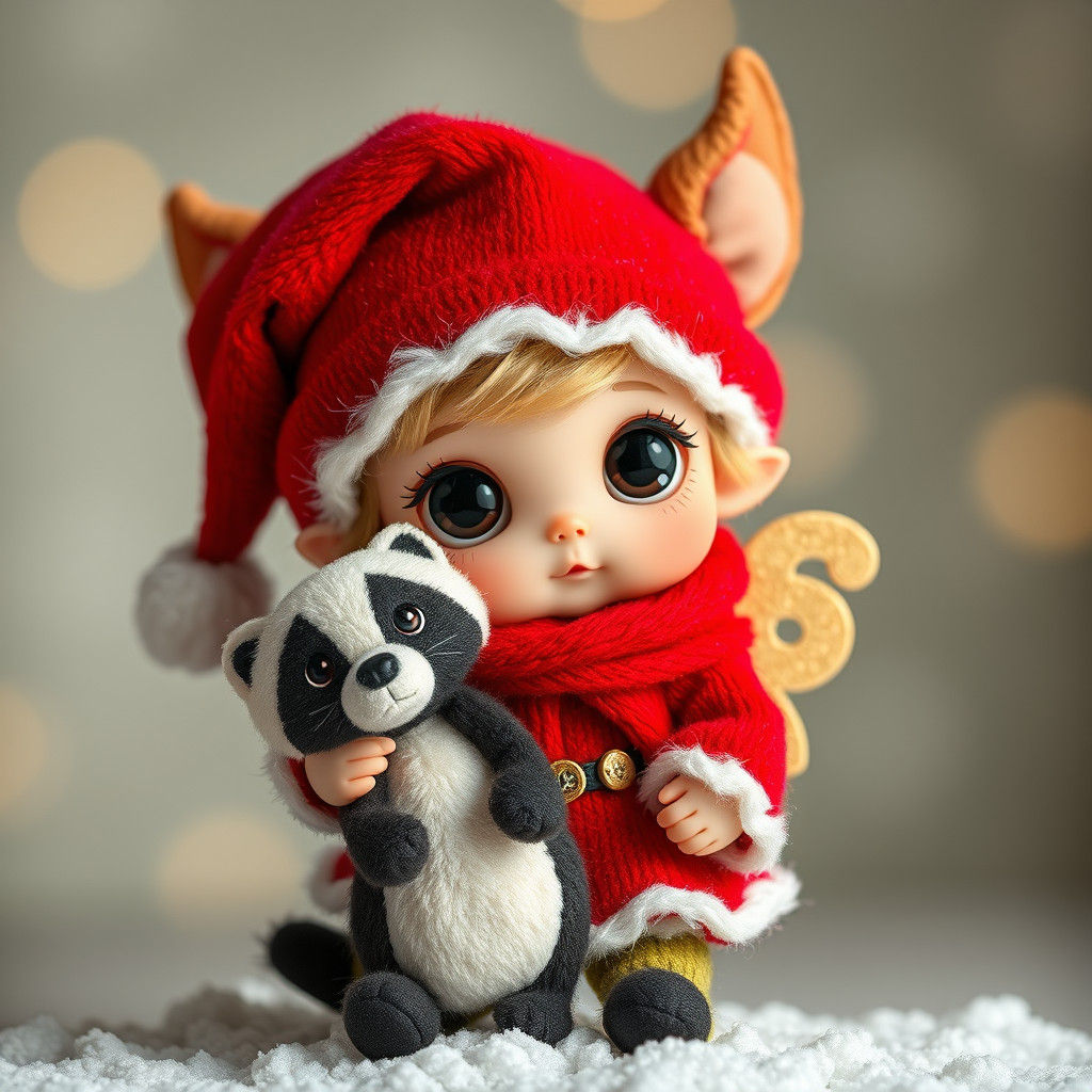 Cute Chibi Christmas Pixie Doll with Badger Plush