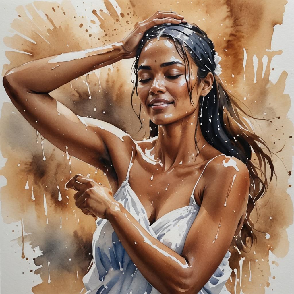 Watercolor Woman Fanning After Bath: Radiant Beauty