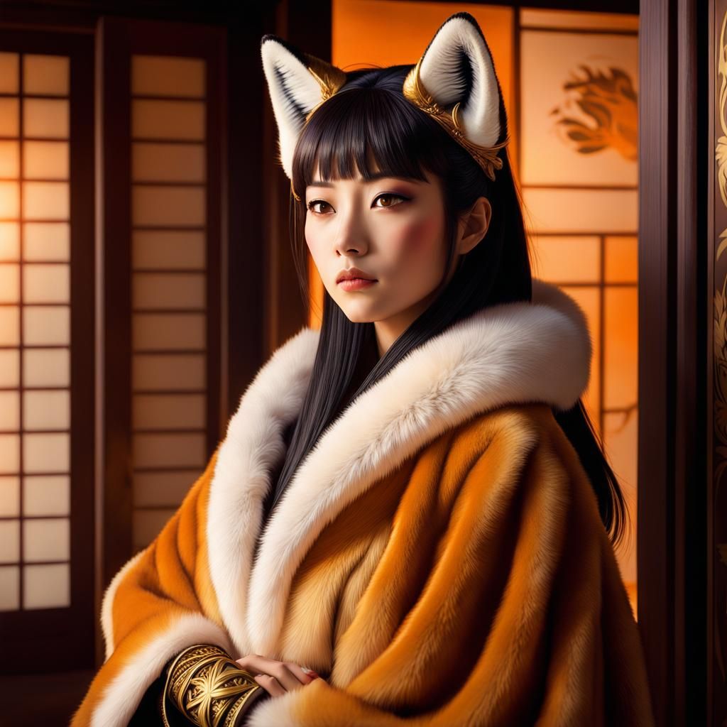 Surrealistic Japanese Princess Portrait with Fox Fur Cloak i...