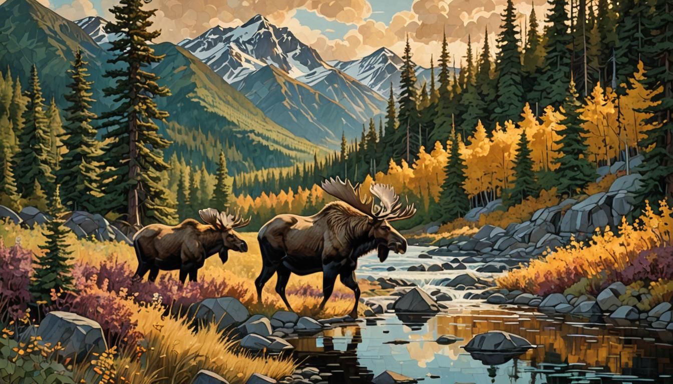 Art Deco Moose and Bear Roaming in Sunlight