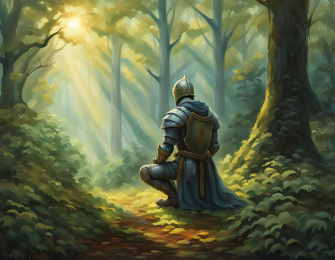 Knight Praying in Misty Forest: Oil Painting