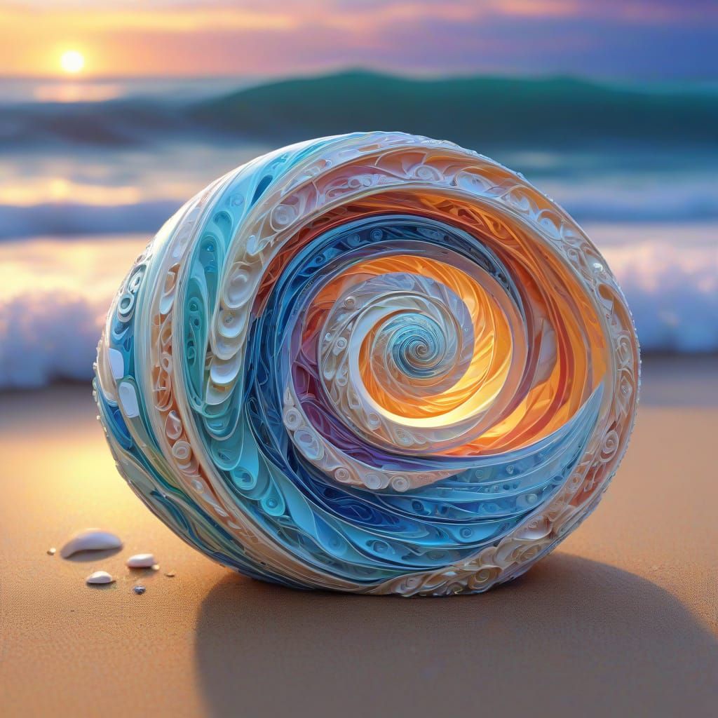 Luminescent Pearl Amidst Sunset Waves