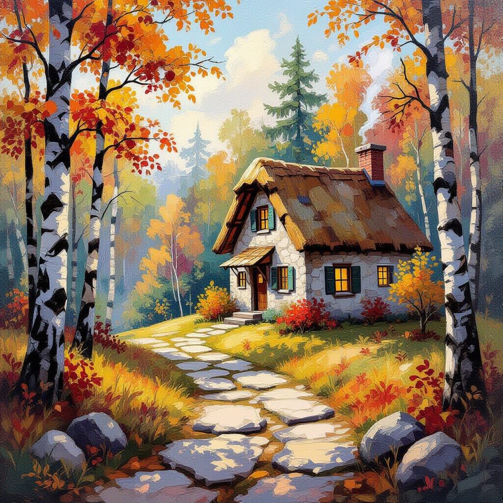 Autumn Forest Cottage in Gouache Watercolor Style