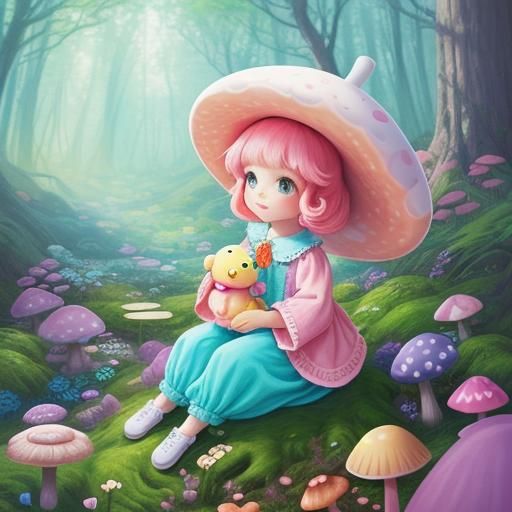 Cute Mushroom Baby in Vibrant Forest
