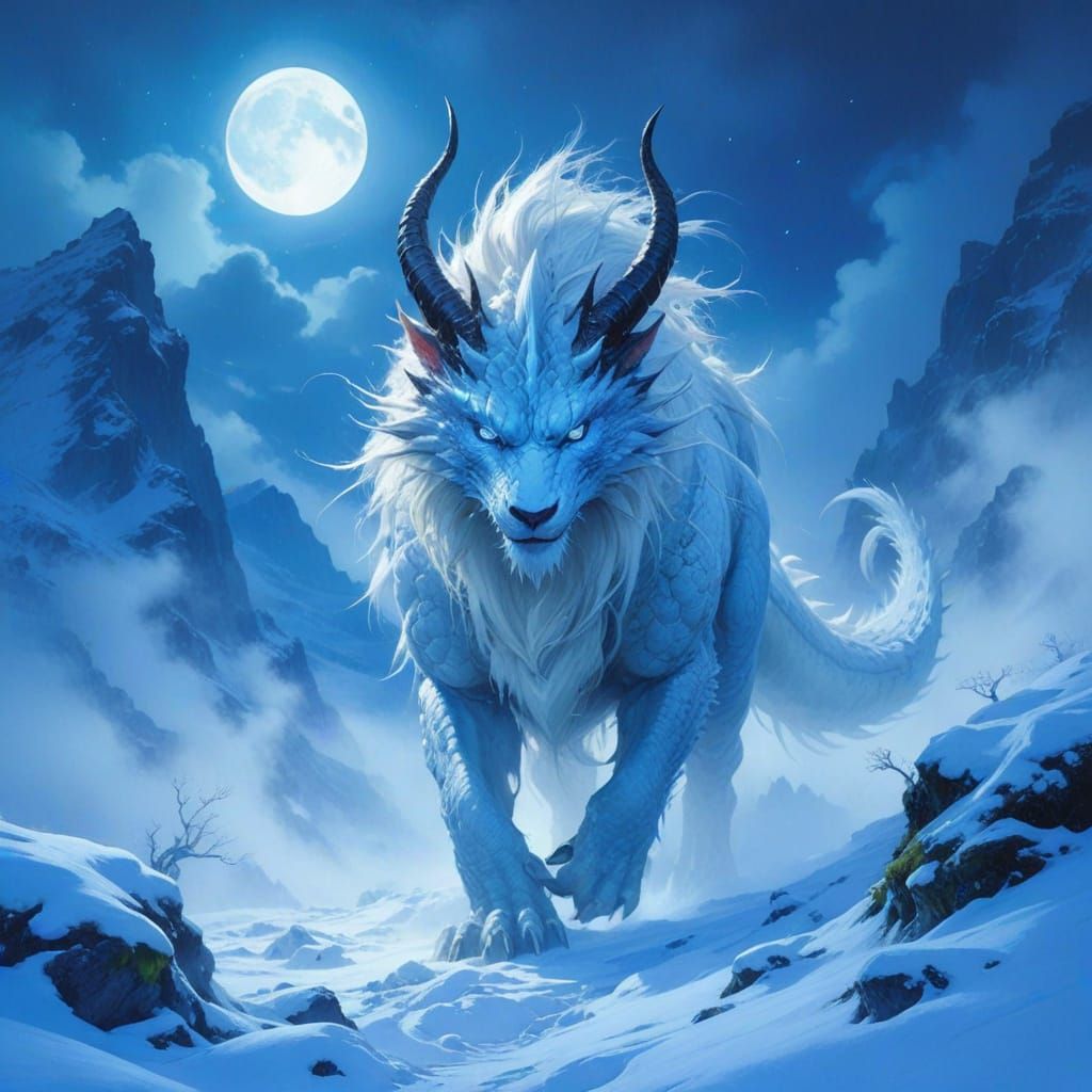Snow Dragon in Foggy Magic Mountains by Moonlight