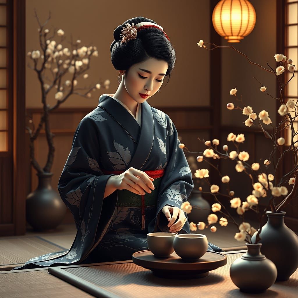 Serene Geisha Prepares Tea in a Warm Japanese Tea Room