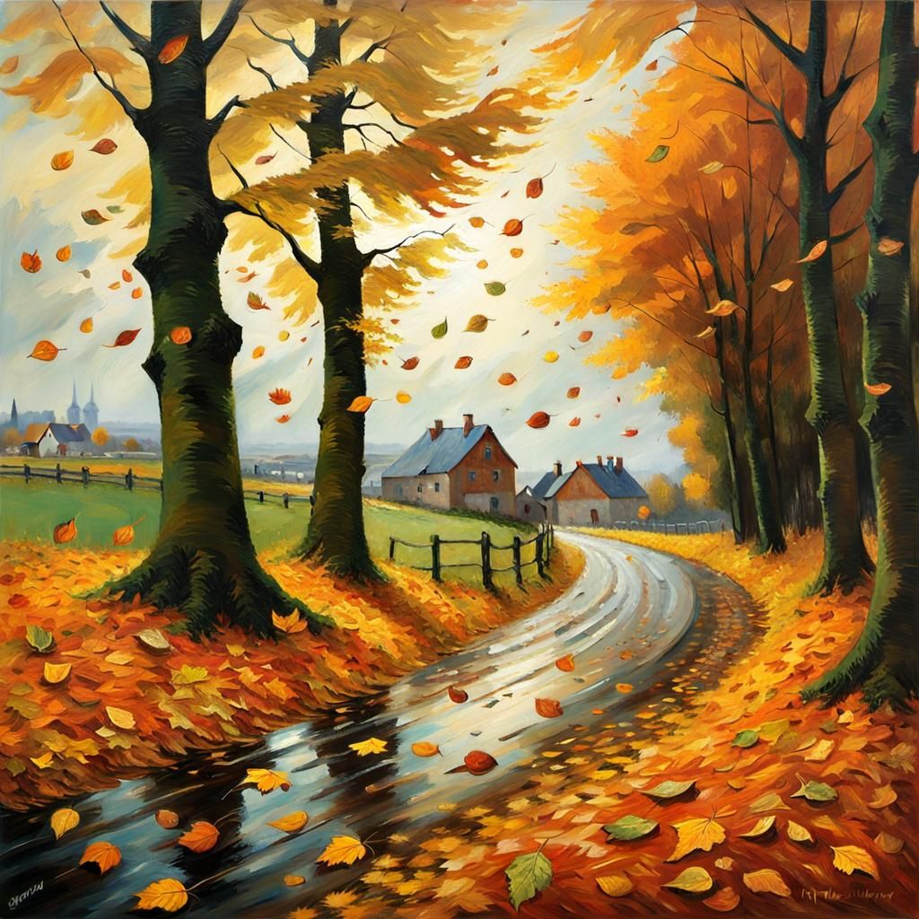 Windy Autumn Countryside Oil Painting