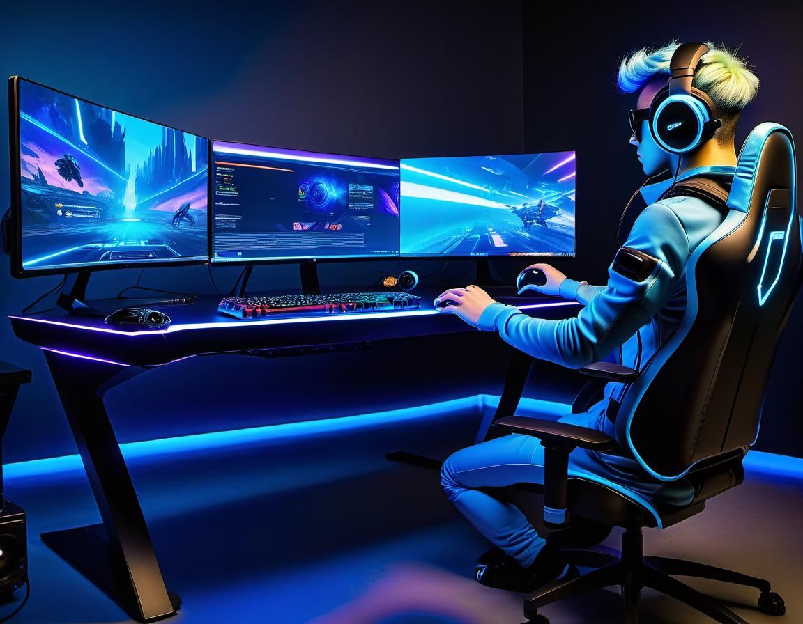 Futuristic Cyberpunk Gaming Setup with Synesthetic Suit
