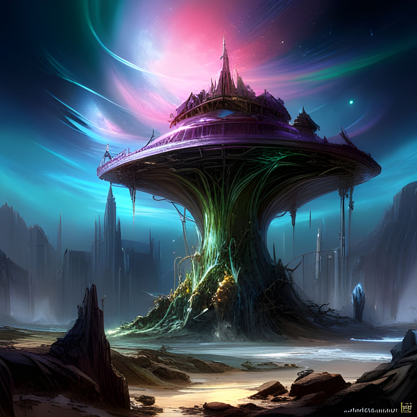 Glowing Tree of Magic in Dark Rainbow Colors