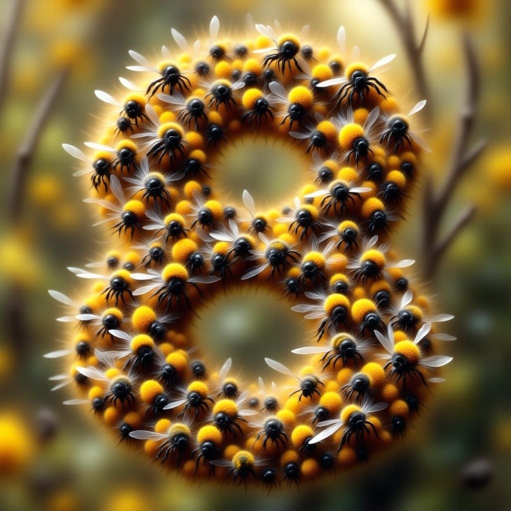 Hyperrealistic Bumble Bees Form 3D Number Eight in Vibrant W...