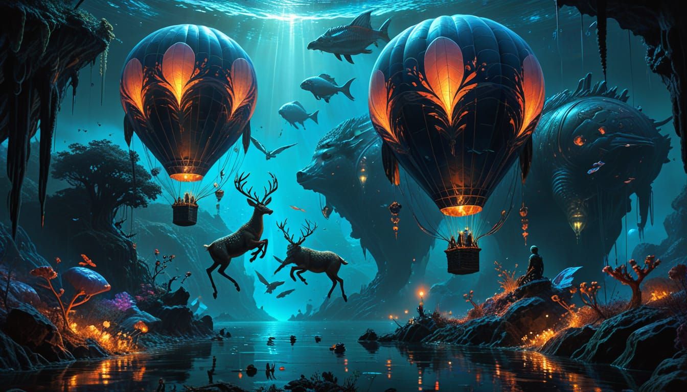 Surreal Fantasy Scene with Flying Animals in Digital Art