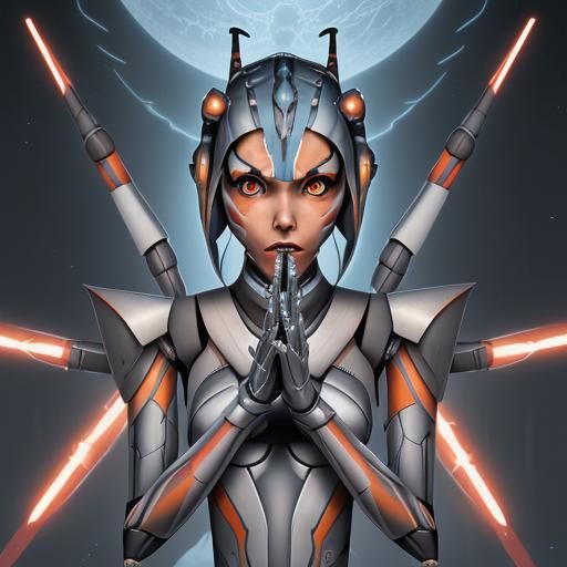 Ahsoka with Robotic Arms in Anime Style