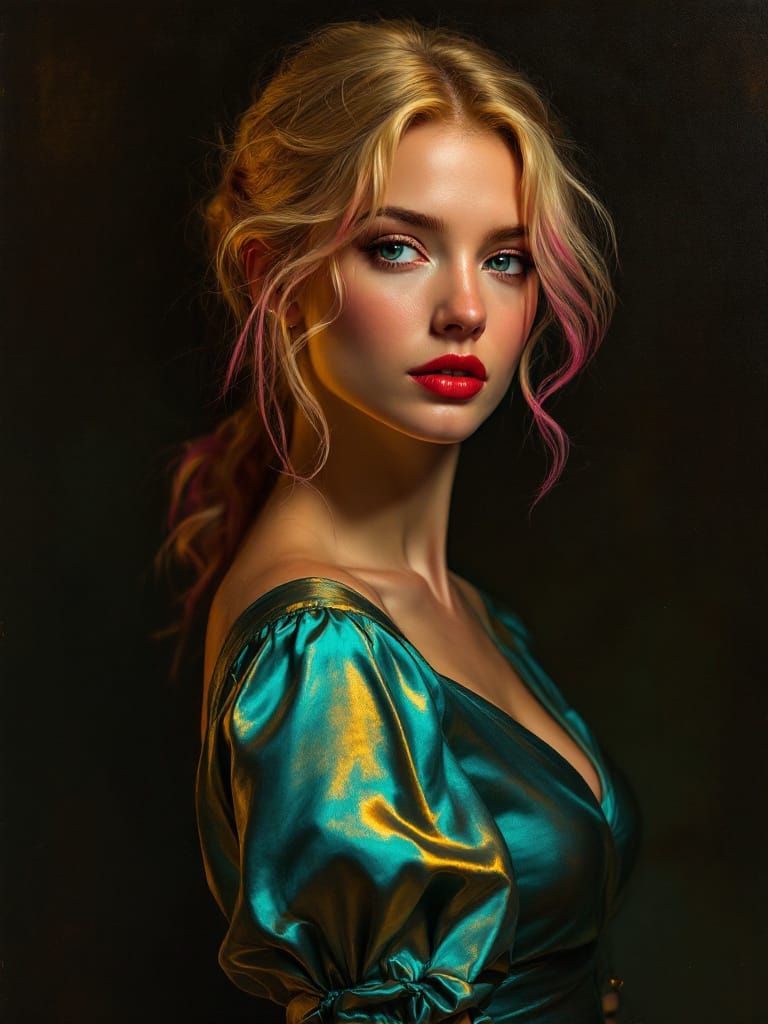 Renaissance Pin-Up Woman in Luminous Amber Tones