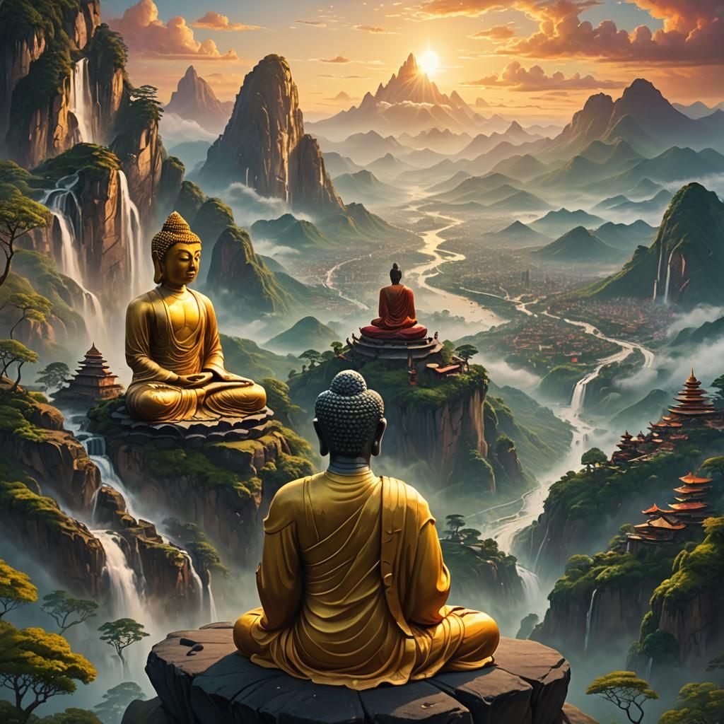 Buddha Overlooking Fantasy World in Matte Painting Style