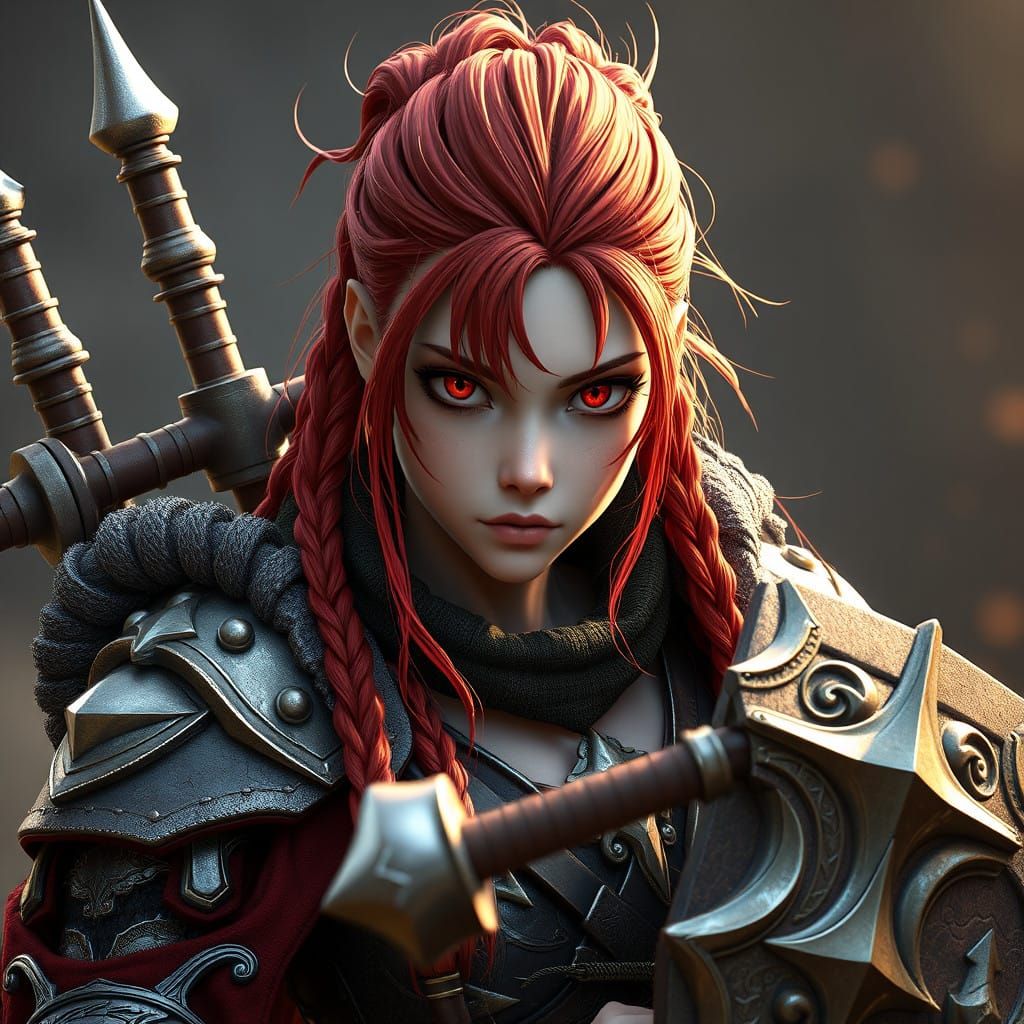 Viking Warrior Woman with Scarlet Mane and Golden Eyes