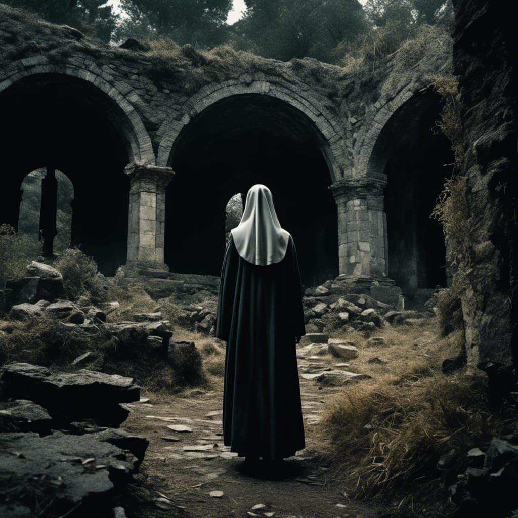 Ghost Nun in Ancient Ruins: Linocut Style