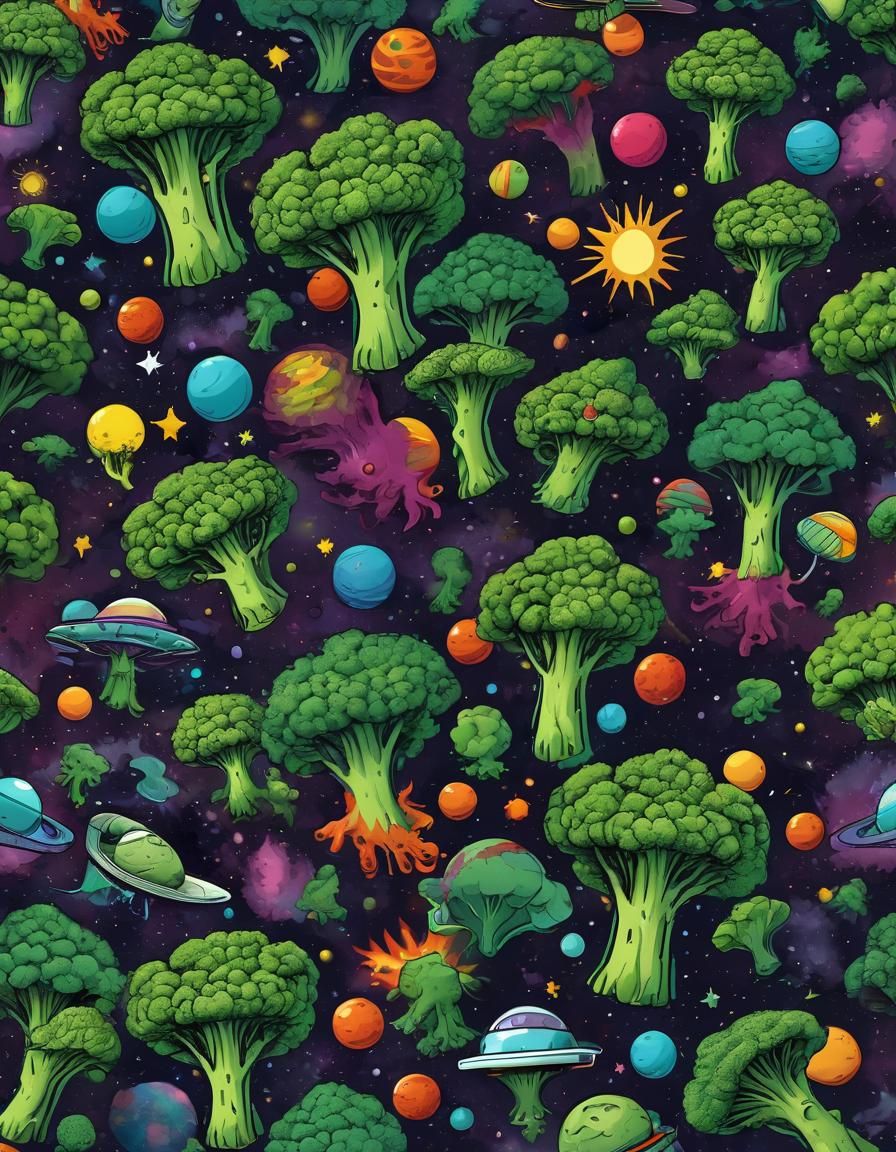 Pop Art Space Scene with Broccoli and Aliens