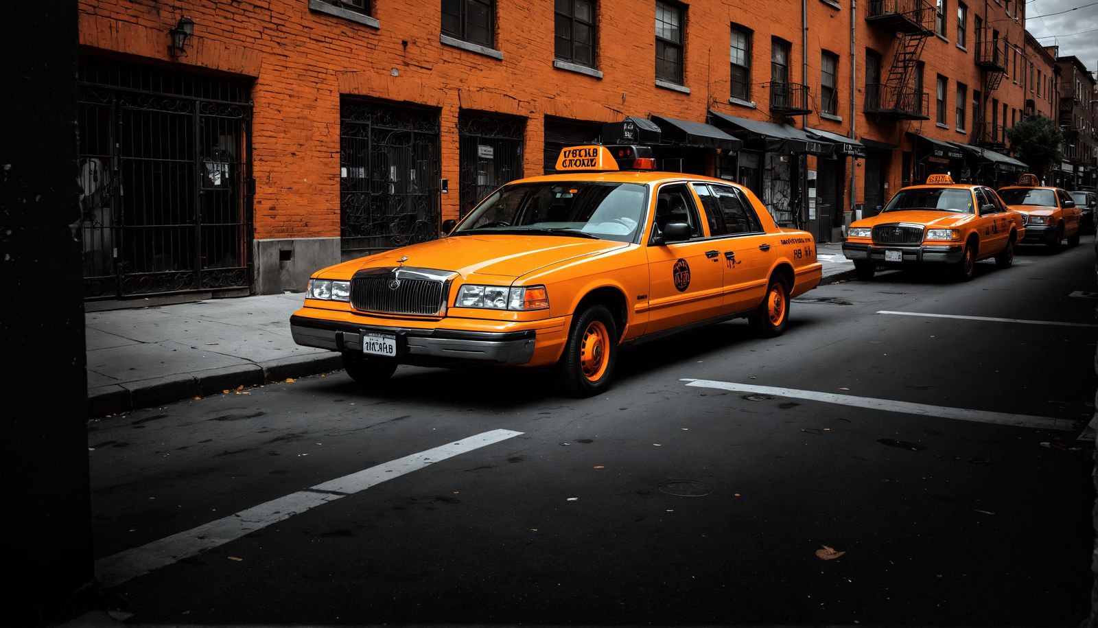 Orange Taxi in Alley: Hyperrealistic Cinematic Style