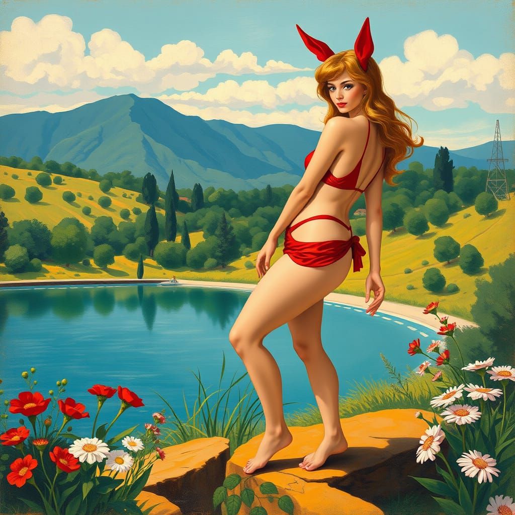 Elegant Cinderella in Red Satin Bikini amidst Provençal Land...