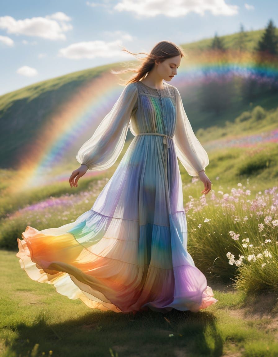 Vibrant Rainbow Goddess Admires Spring Blooms