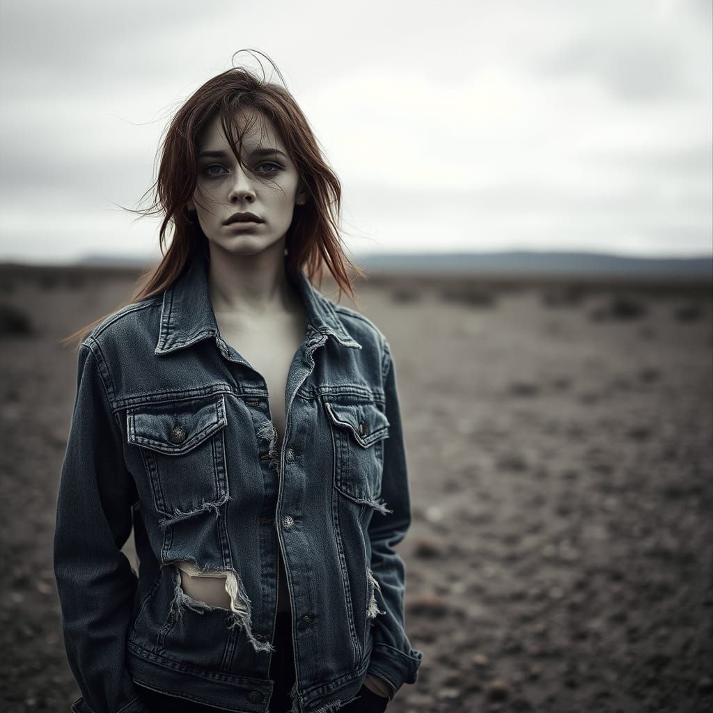 Distressed Woman in Desolate Landscape, High-Contrast Photog...