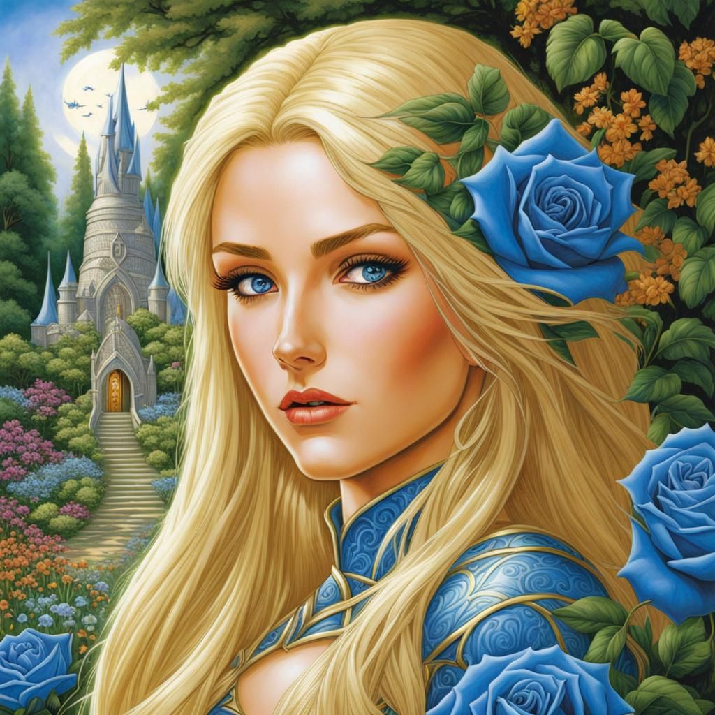 Fantasy Elf in Blue Rose Garden, Anime Style