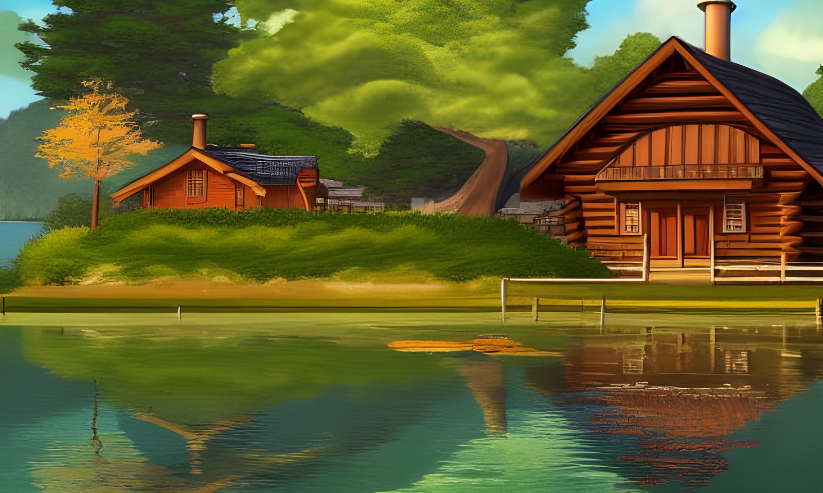 Lakeside Log House in Studio Ghibli Style