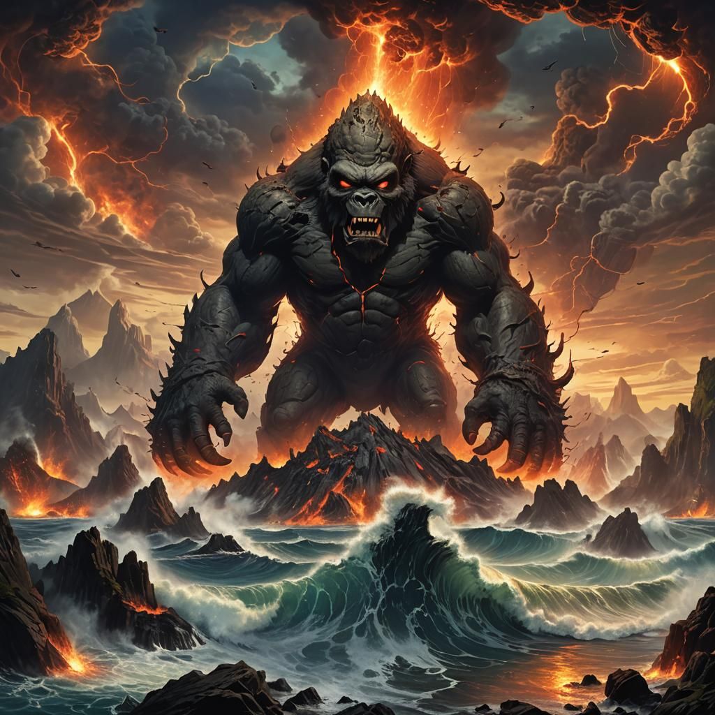 Skull Island Volcano Eruption with King Kong in Ocean