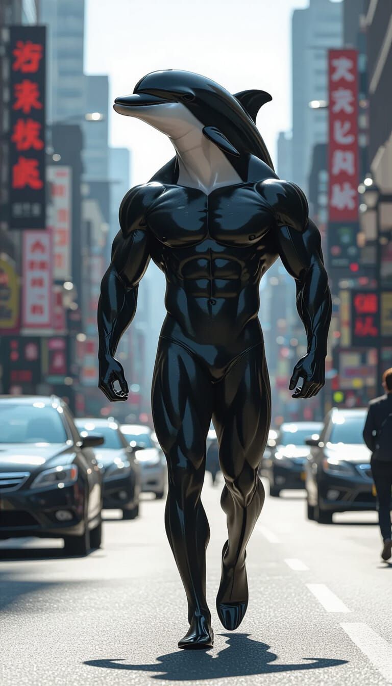 Hyperrealistic Dolphin-Man Hybrid Walks City Street