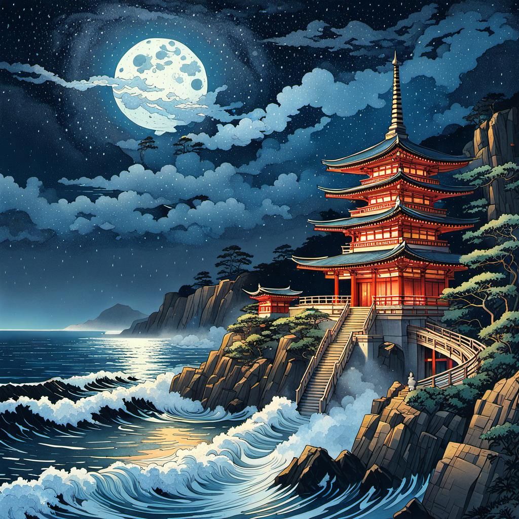 Ukiyo-e Temple Under Mosaic Starry Sky