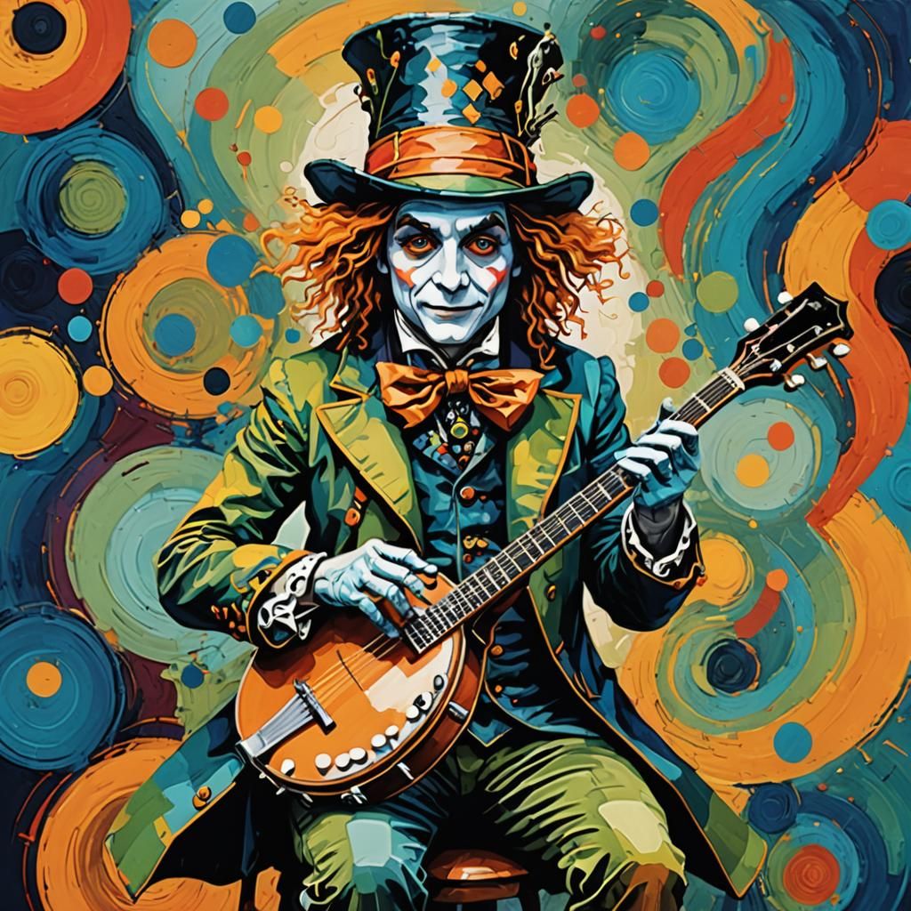 Mad Hatter Plays Banjo in Abstract Art Style