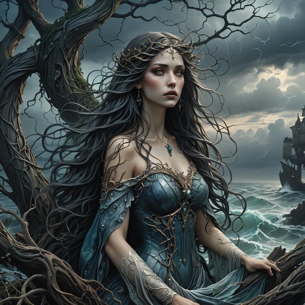 Goddess Siren on Stormy Island in Gothic Surrealism