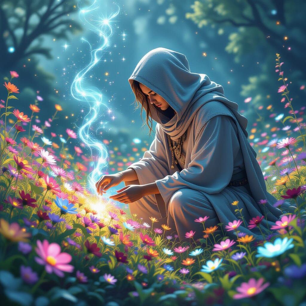 Cosmic Gardener Tending Iridescent Stardust Garden