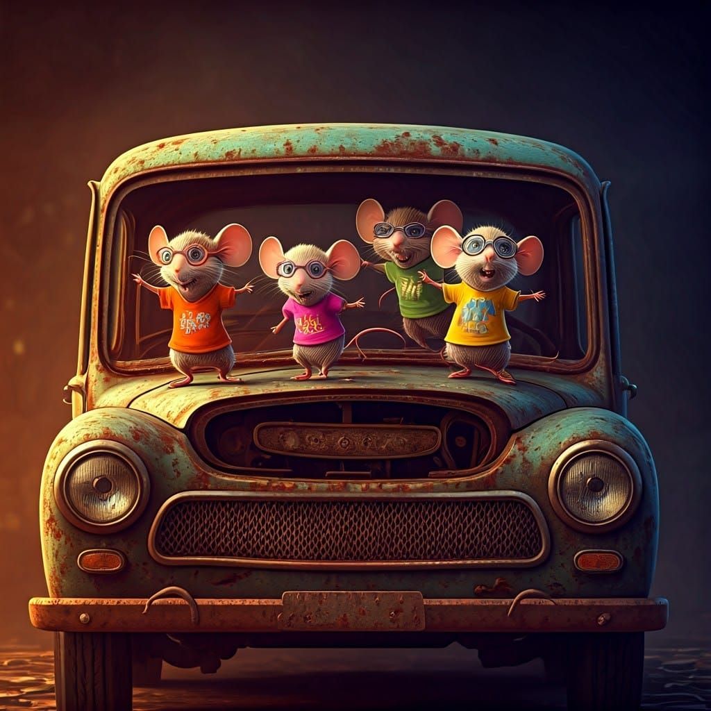 Mice Dancing in Car: Cartoonish Art Nouveau Scene