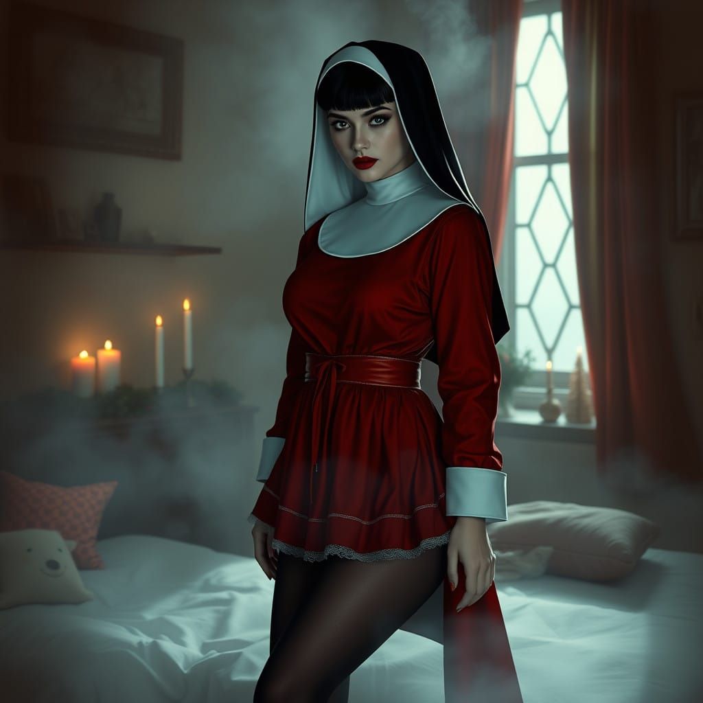 Ethereal Nun in Crimson Habit, Santa Claus Whispers