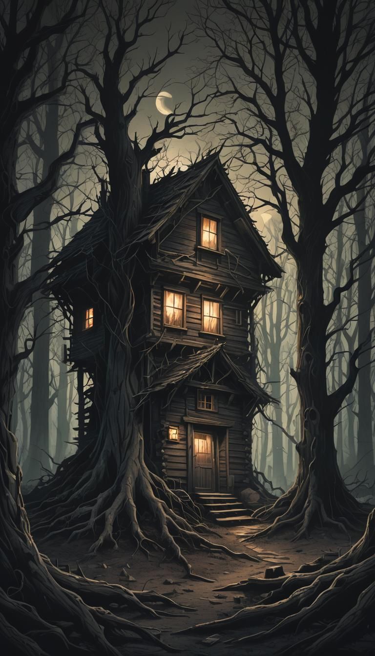 Eerie Wood Cabin in Dark Fantasy Forest
