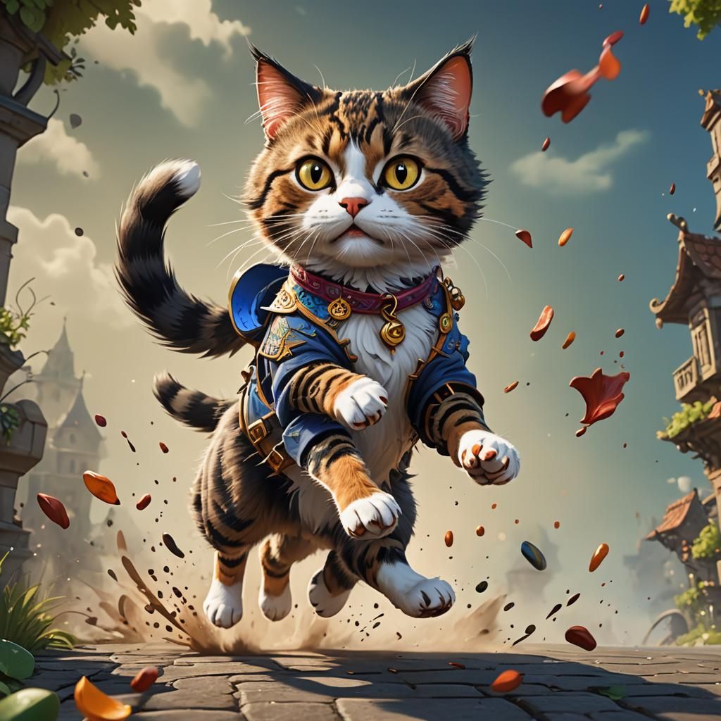 Caricature Cat Running: Detailed Matte Painting