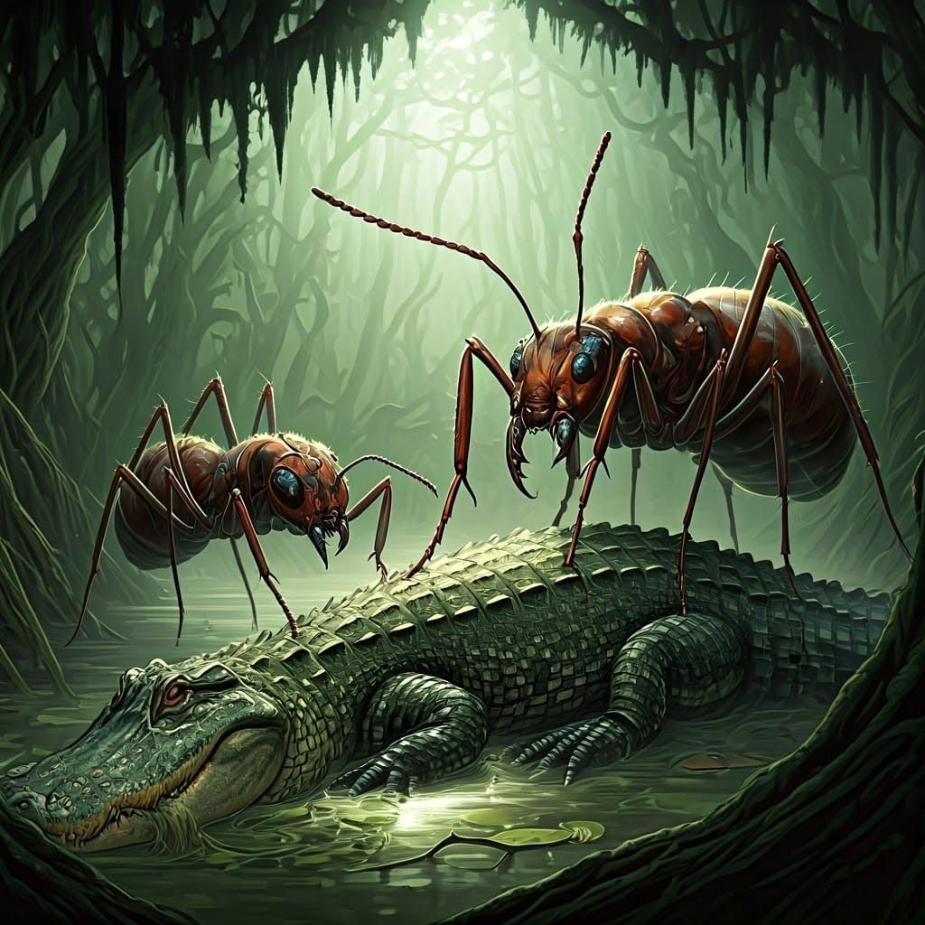 Metallic Worker Ants Pinch Lifeless Alligator in Vibrant Swa...