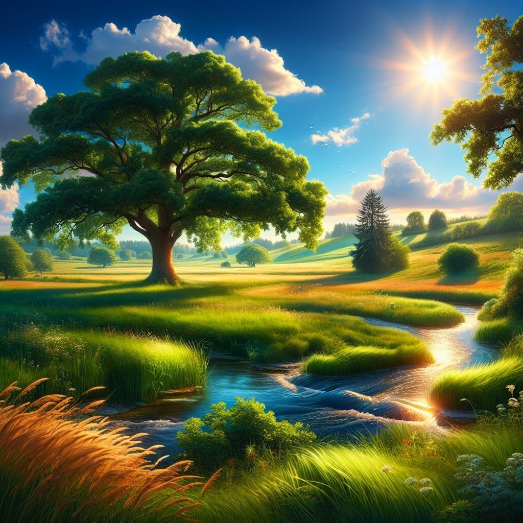 Picturesque Meadow Scene Under Warm Sunlight