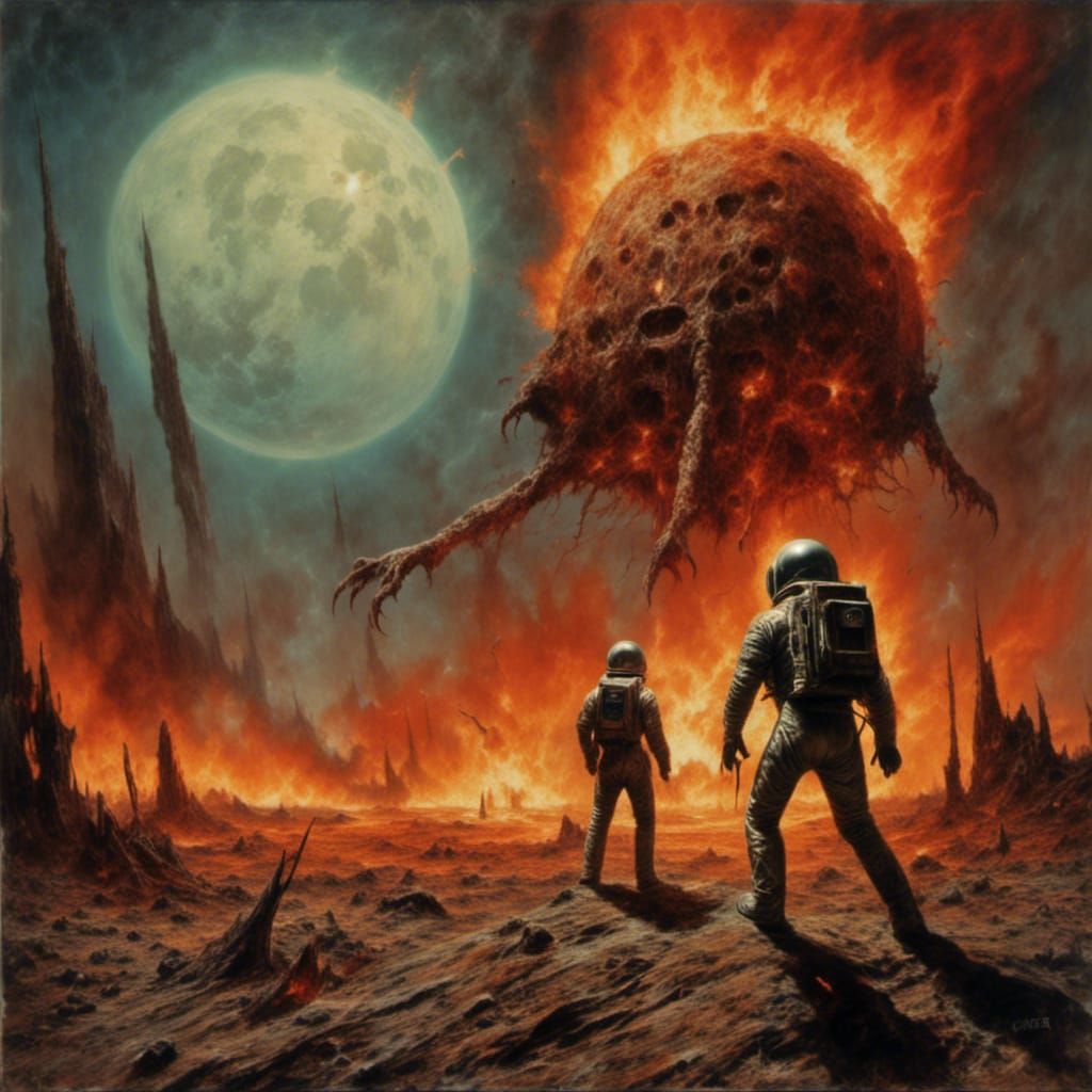 Astronaut vs Alien Ghoul in Burning Landscape