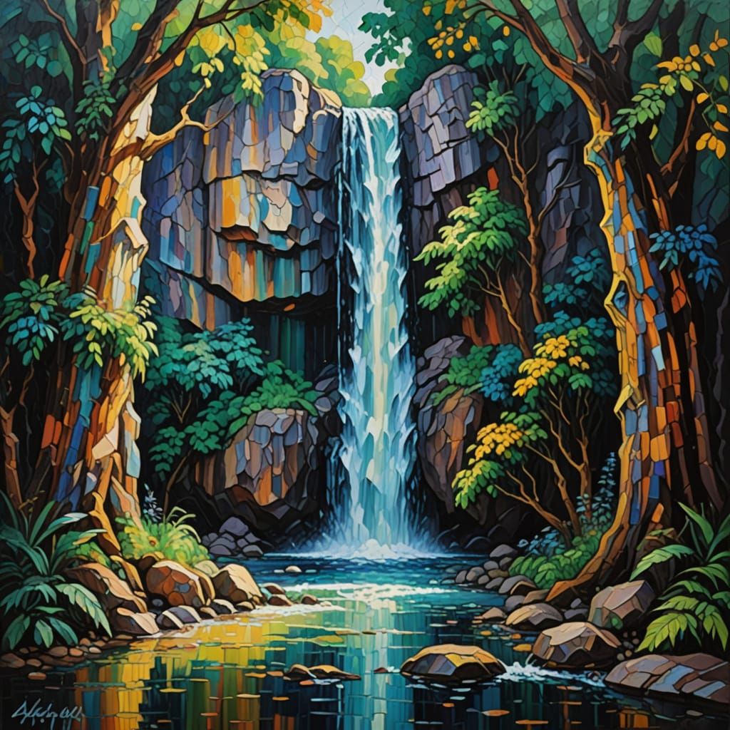 Waterfall in Archangels Hall: Expressionist Oil Painting
