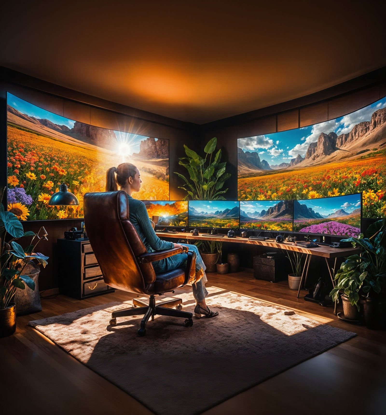 Girl Surrounded by Monitors in Hyperrealistic Style