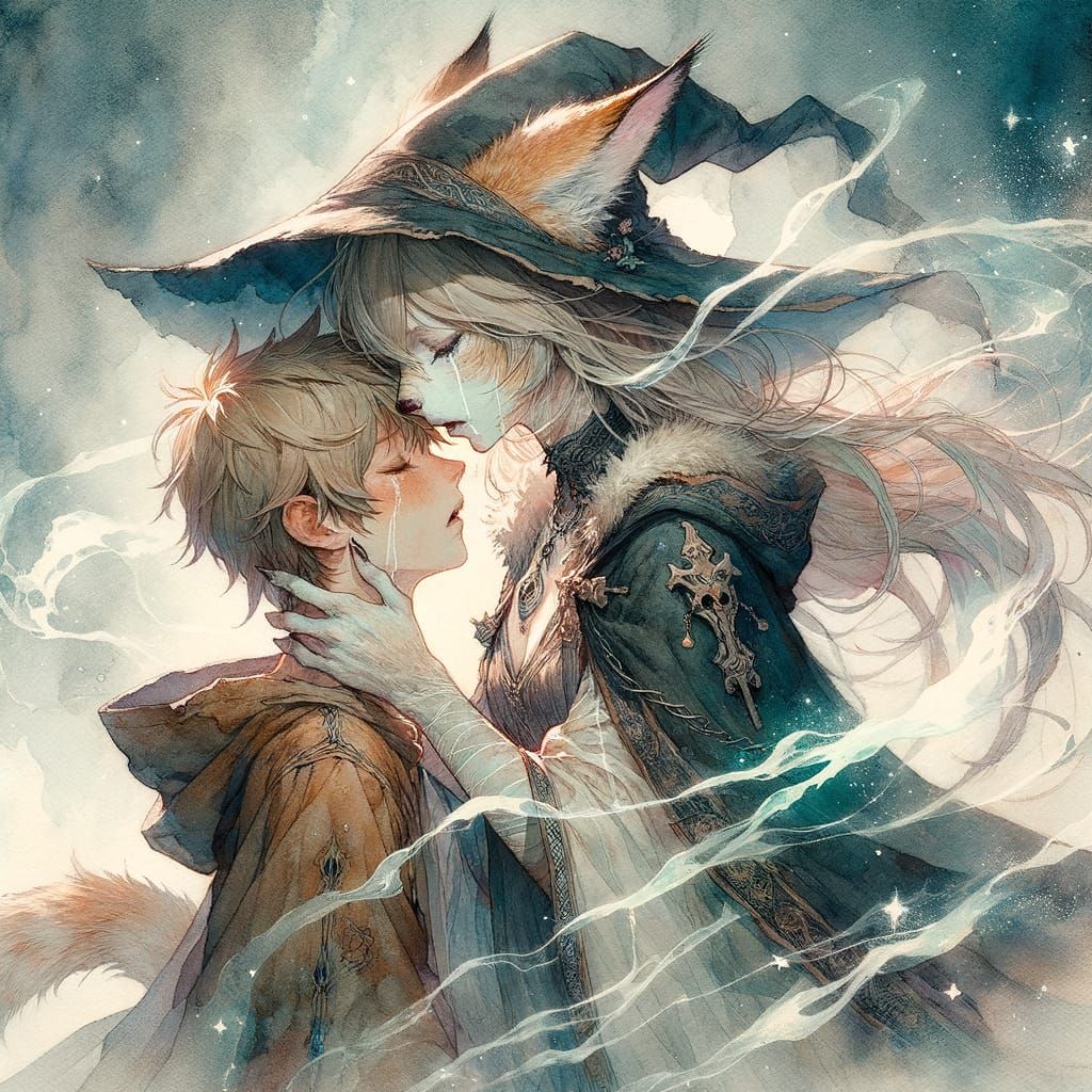 Lynx Zombie Woman Hugs Crying Man in Anime Manga Style