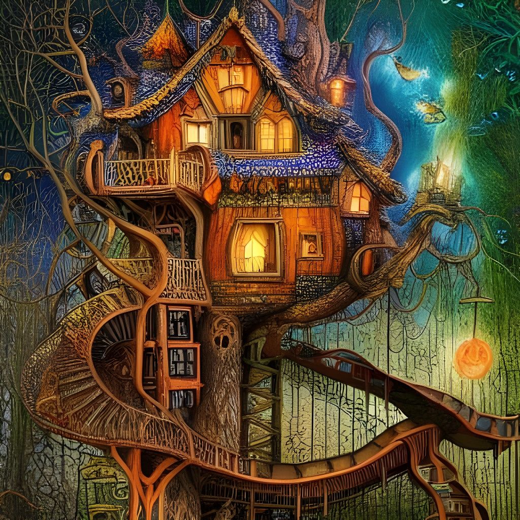 Haunted Treehouse with Slides: Hyperrealistic Illustration
