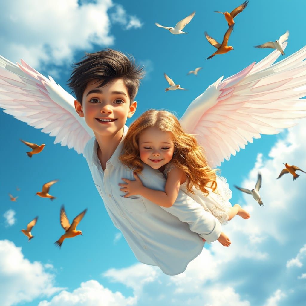 Boy and Girl Soaring Through Sky in Detailed Matte Painting