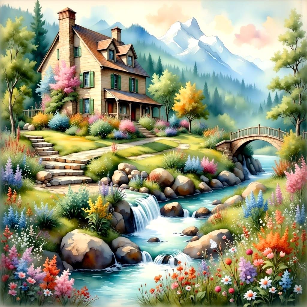 Fantasy Stone House in Flower Meadow, Watercolor Art