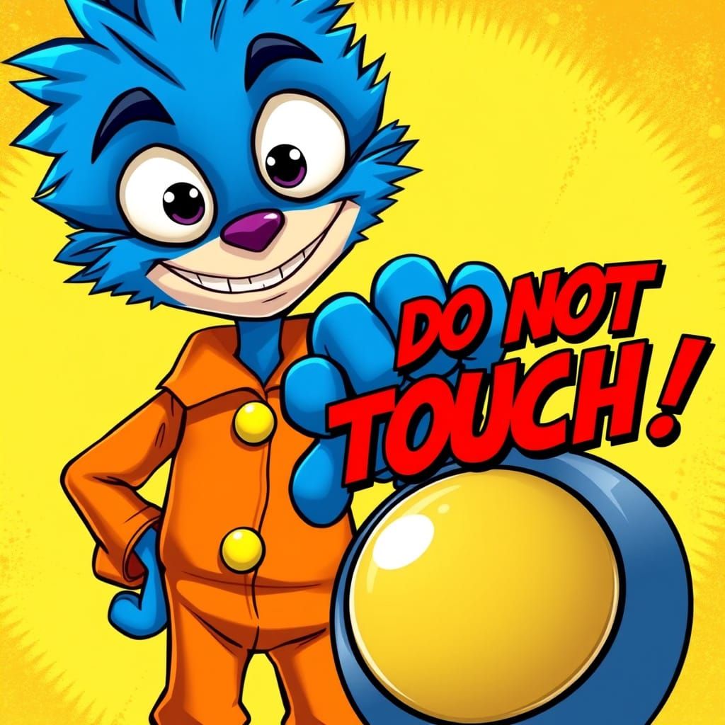 Wide-Eyed Cartoon Character Hesitates Before Ominous Button
