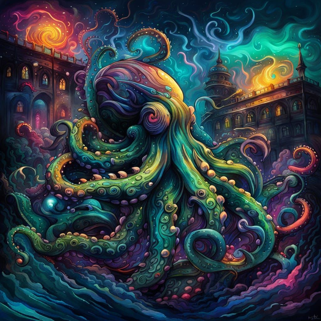 Kraken in Enchanted Ocean: Graffiti Art Style