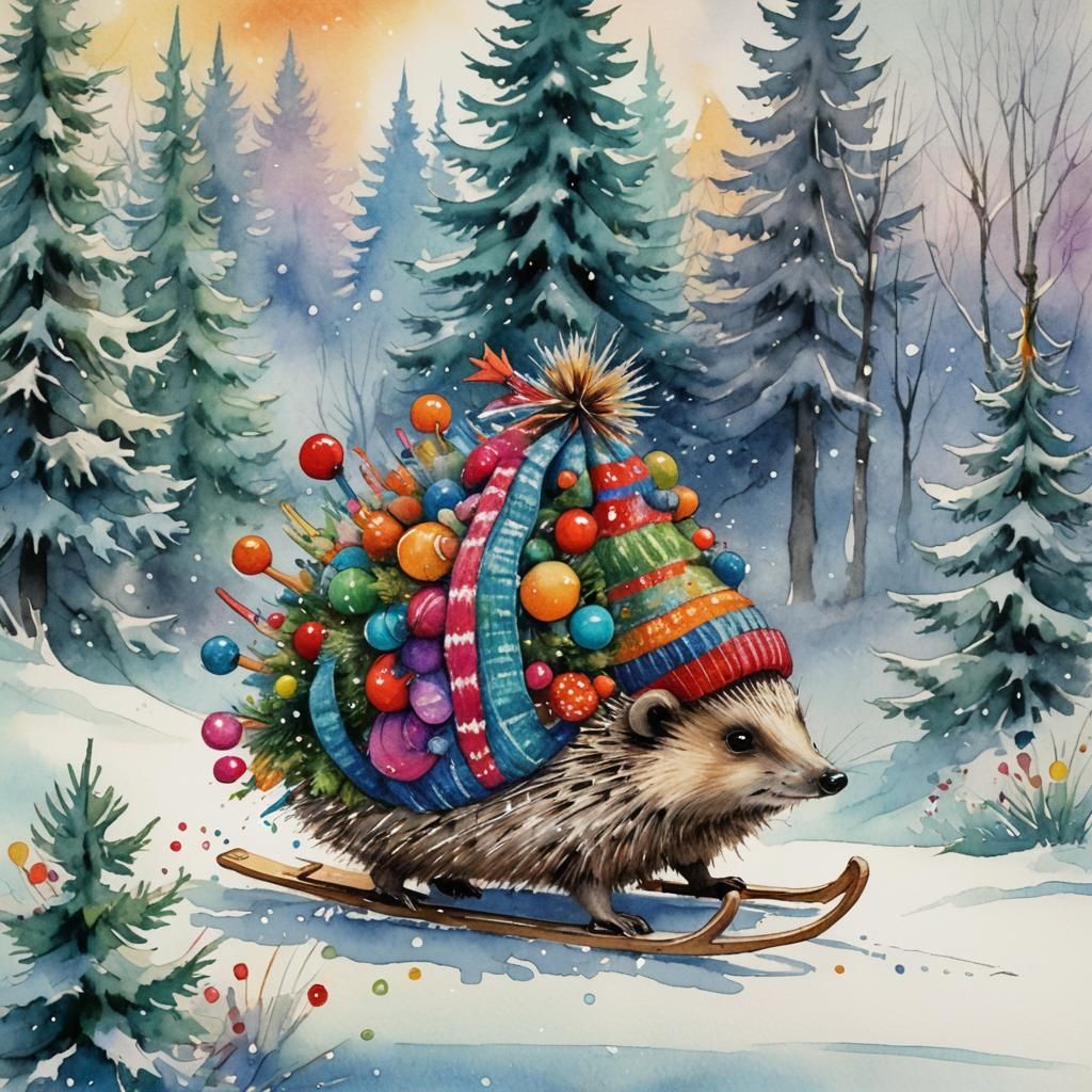 Hedgehog Pulls Christmas Tree in Watercolor Illustration